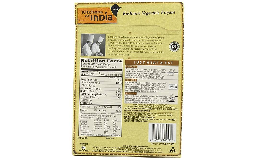 Kitchens Of India Kashmiri Vegetable Biryani - Basmati Rice Pilaf With Vegetable & Nuts   Box  250 grams